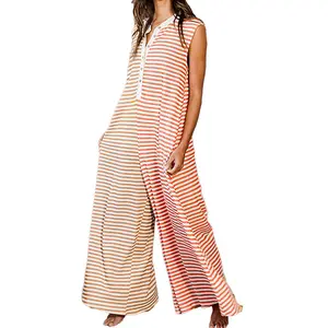 CHARTOU Loose Striped Wide Leg Jumpsuit for Women Summer Romper Flowy Pants Comfy Sleeveless Button Baggy Overalls Casual Clothes