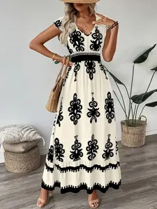Women's V-Neck Long Dress, Summer Fashion Floral Print Design, Slim-Fitting Women's Clothing, Perfect for Casual Wear & Daily, Everyday