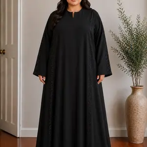 Women's Dubai Black Islamic Modesty Clothes - Traditional Style Modest Abaya, Chic Dubai Muslim Dress with Elegant Rhinestone Embellishments and Front Closure, plus size