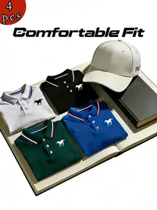 Men's Polo Shirt Set, Casual Fashion Home Wear, Solid Color Short Sleeve Horse Print, Summer New, Breathable Daily/golf Shirts