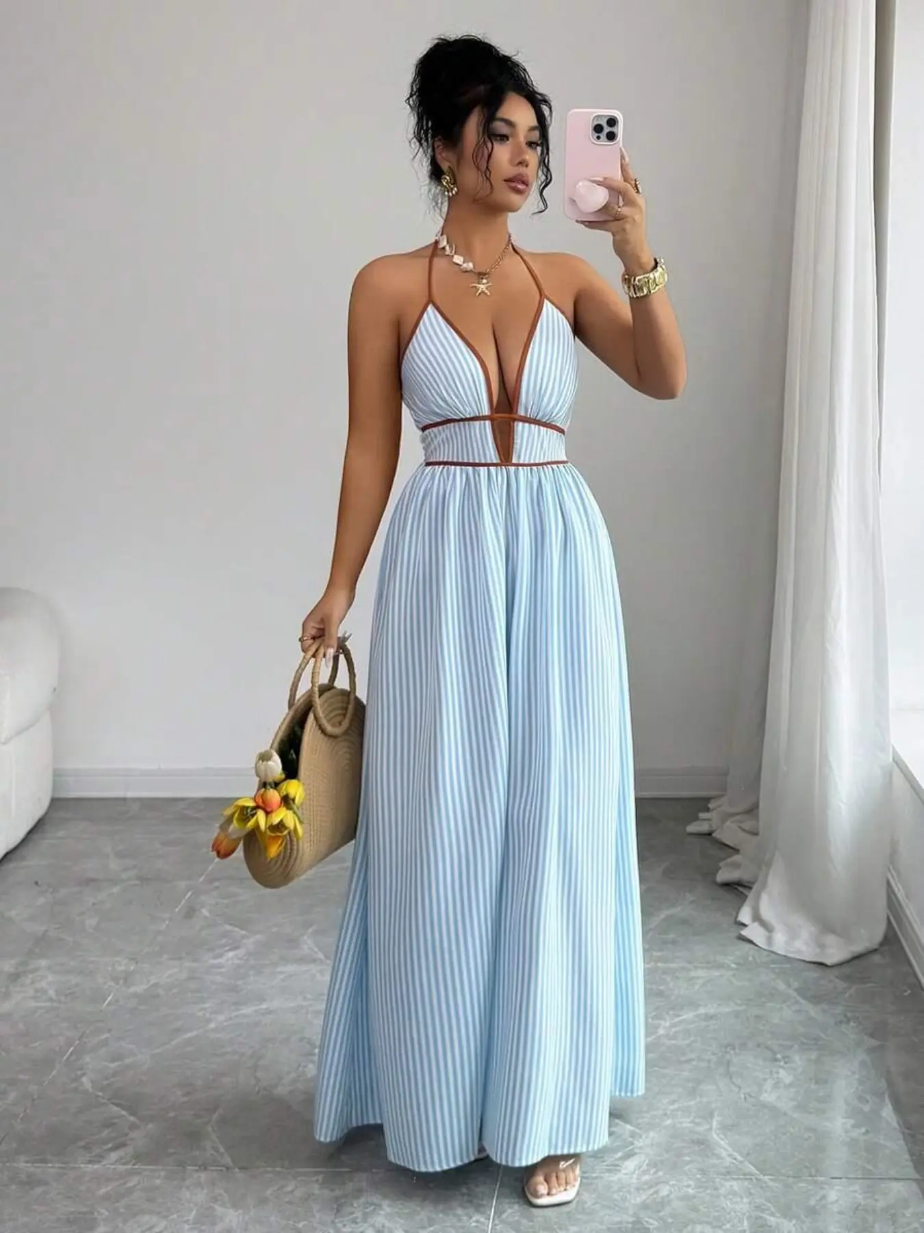 Women's Vacation Stripe Spaghetti Strap Deep V Neck Sexy Backless Striped Dress, Casual Summer Beachwear, Elegant Party Wear, Comfortable & Stylish Design, Dresses For Party