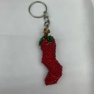 Handcrafted Beaded Chili Pepper Keychain - Vibrant Red Beads with Green Leaves - Perfect for Keychains and Gifts
