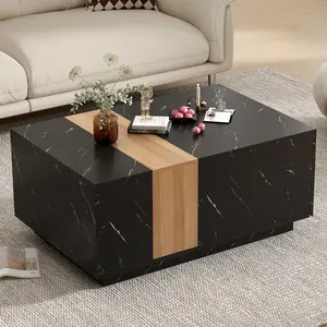 【GOOGREAT】ON-TREND Modern 35.4 x 23.6 Inch Two-tone Coffee Table with Faux Marble and Walnut Wood Grain Finish, Rectangular Center Table with 2 Storage Drawers, Practical Cocktail Table for Living Room, Black