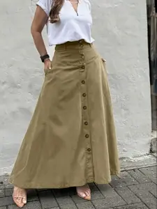 Women's Elegant High Waist Slimming A-Line Solid Skirt, Vintage American Style Faux Denim Umbrella Hem, Versatile Mid-Split Half Skirt