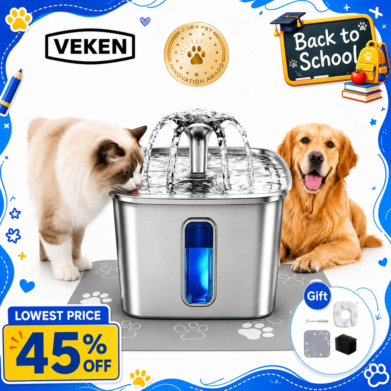 【Veken】Innovation Award Winner Stainless Steel Cat Water Fountain, 108oz/3.2L Automatic Pet Fountain Dog Water Dispenser with Replacement Filters & Silicone Mat for Cats, Dogs, Multiple Pets，Petlovers