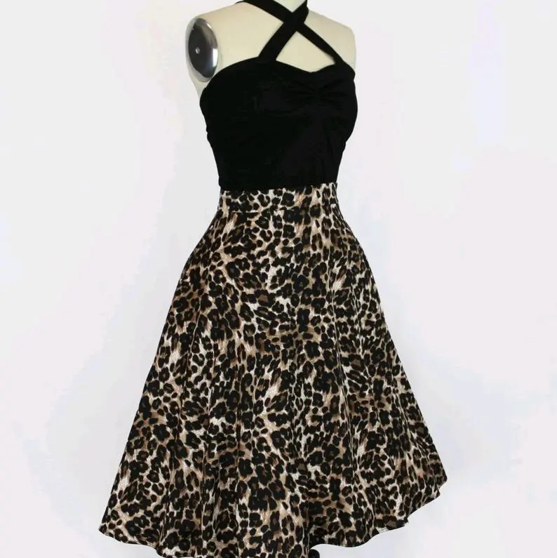 Flowy Leopard Rockabilly Vintage Skirt With Pockets