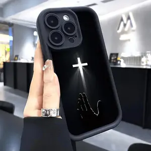 Illuminated White Cross Phone Cases for iPhone 17 Pro Max 16 15 Plus 14 13 Pro 12 11, Simple Thickened Full Body Protection Anti-Fall Soft Silicone Protective Phone Case