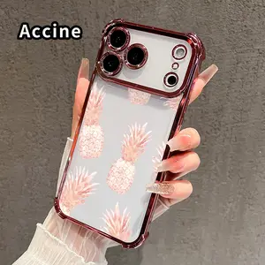 Phone Case for iPhone 17 16 Pro Max 15 Plus 14 13 12 11 E Air Blush Pineapple Pattern Mobile Four Corner Anti-drop Shockproof Non-slip Silicone Transparent Protective Cover