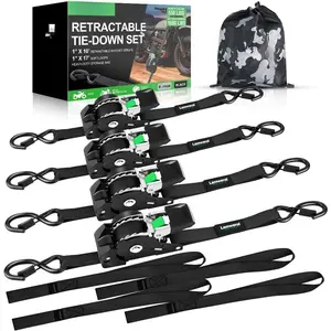 Retractable Ratchet Straps (4-Pack) - 1 Inch x 10  (1,650lb Break Strength) - Heavy Duty Auto Self Retracting Tie Down Straps for , ATV, UTV, , Cargo Trailer - Black