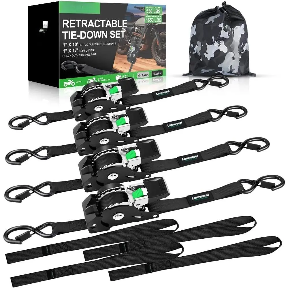 Retractable Ratchet Straps (4-Pack) - 1 Inch x 10  (1,650lb Break Strength) - Heavy Duty Auto Self Retracting Tie Down Straps for , ATV, UTV, , Cargo Trailer - Black