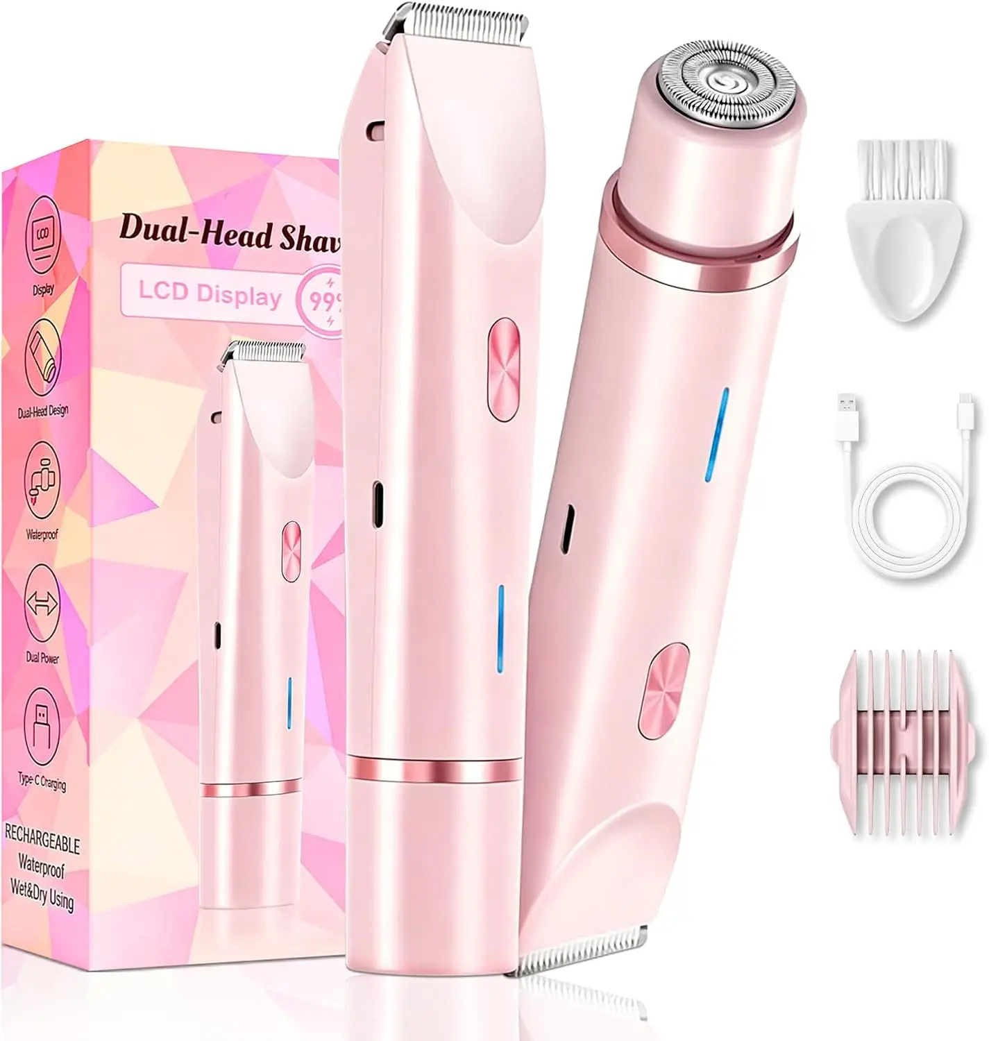 2-in-1 Bikini Trimmer for Women, Electric Razor with Dual Head, IPX7 Waterproof USB Rechargeable Bikini Shaver, Pubic Hair Trimmer for Face, Legs, Underarms & Body Hair Removal, Pink Stainless Steel Brush Cordless Facial Removable Stainless Steel
