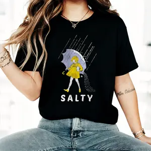 Girl with umbrella, round neck pure cotton T-shirt, everyday wear, fashion information. Summer Streetwear