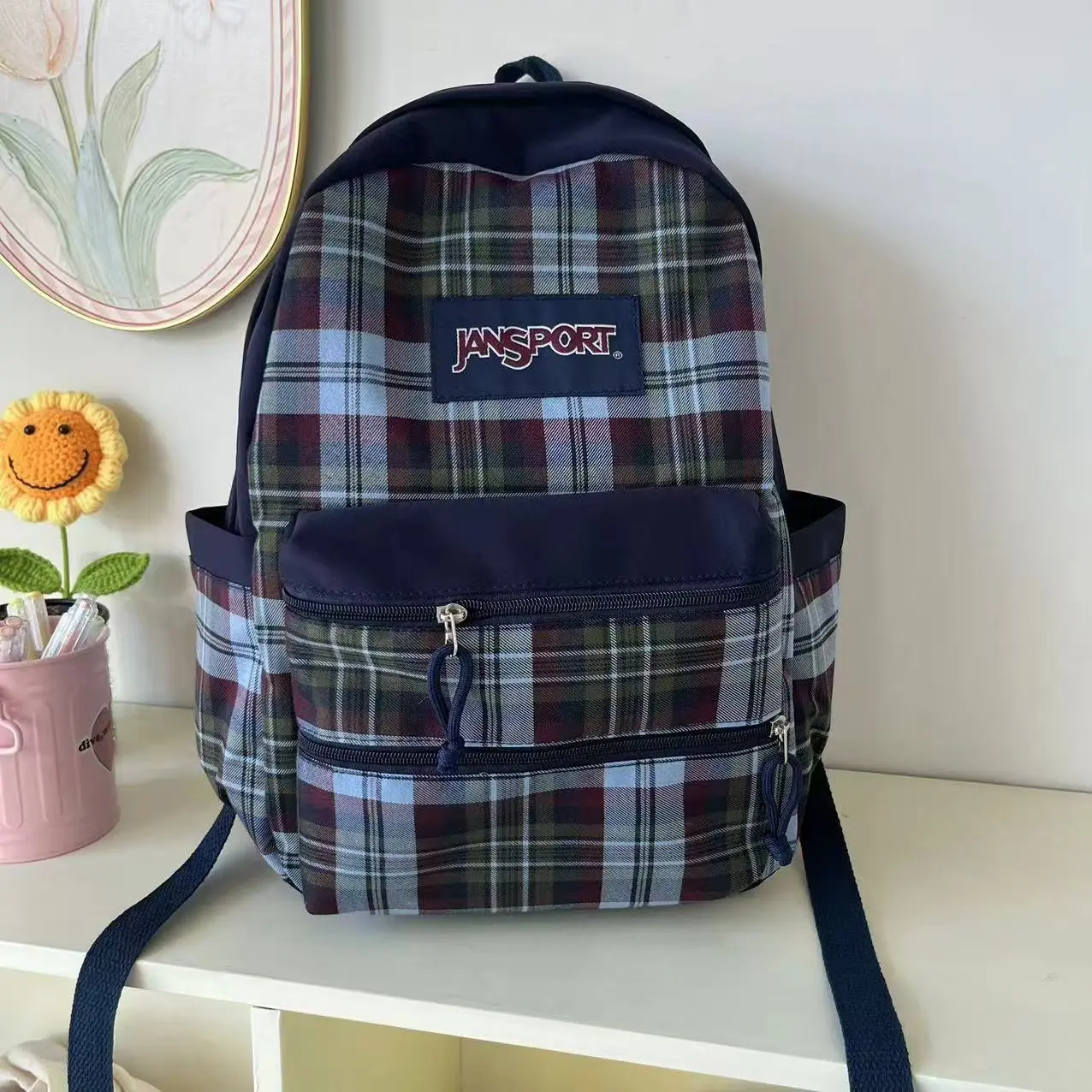 Jansport Plaid Backpack, Navy Accents, Multiple Pockets, Functional Everyday Luggage Bag