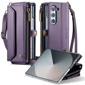 Magnetic Flip Wristlet Shoulder Strap Wallet Case with Card Holder, 1 Count Soft Faux Leather Protective Phone Case for Samsung Galaxy Z Fold 6/5/4/3 5G Smartphone, Cover, Accessories
