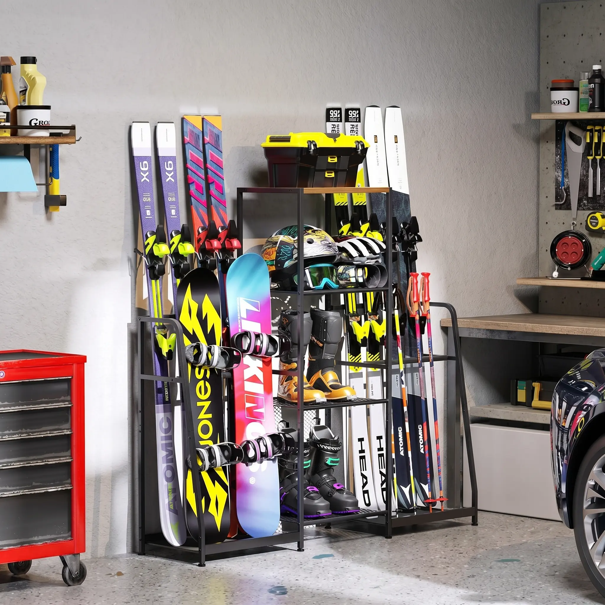 Freestanding Ski & Snowboard Rack for Garage, Heavy Duty Wood Metal Organizer Holds 4 Pairs Skis & 4 Snowboards, No Wall Drilling