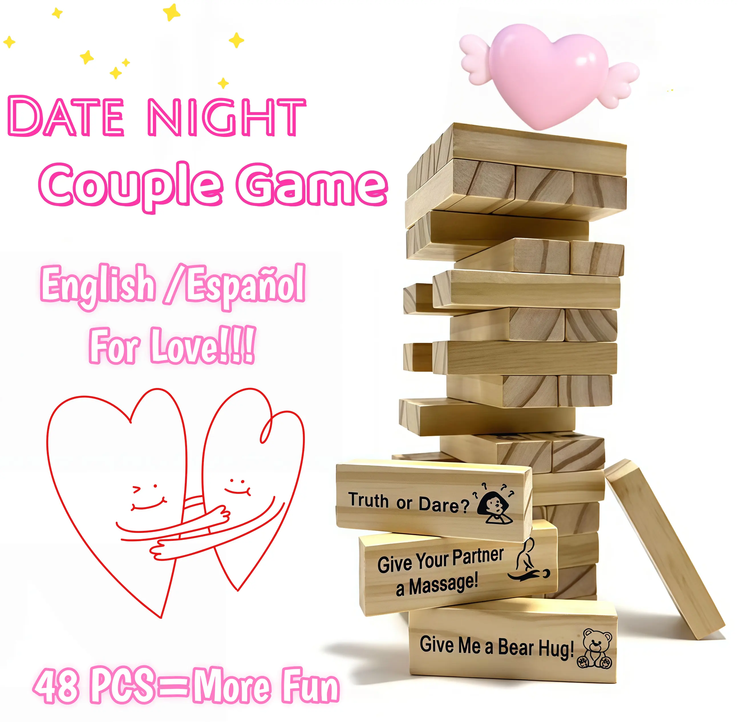 48-Piece Stacking Tower Blocking Game, Bilingual Spanish-English, Romantic Couples' Date Night Bonding Gift (Home, Festive & Wedding Supplies), Stacking Tower Game, 48 Pieces