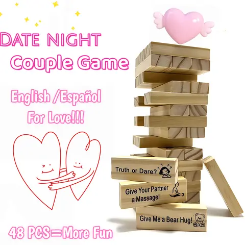 48-Pcs Dual-Languages Interactive Stacking Tower Game, Engaging Bilingual Spanish-English Gift for Romantic Couples’ Date Nights, Home & Festive Wedding Supplies