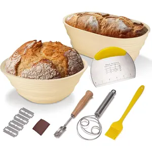 Silicone Bread Proofing Baskets, 9 Inch Round & 10 Inch Oval Foldable Sourdough Baking Baskets, Bread Baking Starter Kit, Bread Baking Supplies, Easy to Clean & Storage (Beige)