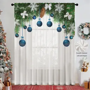 1PC Christmas-Themed Printed Sheer | Blue Bow Polka Dots & Striped Christmas Balls | Semi-Transparent Fabric, Rod Pocket Style | Living Room & Bedroom Perfect - Brighten Christmas Decor Home Decoration Curtain