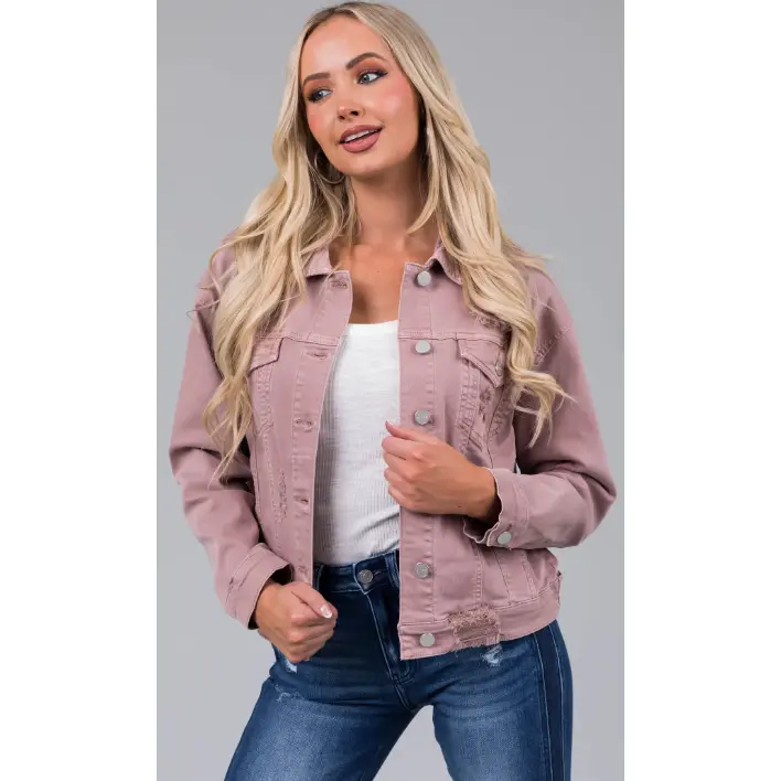 Risen Mauve Denim Distressed Button Up Jacket