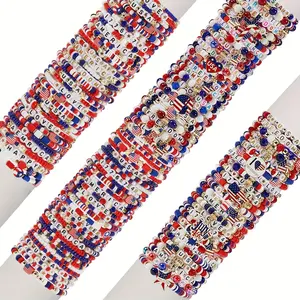 30pcs American Independence Day Acrylic Beaded Bracelets Set - Random Pattern, Multi-Layer Elastic Design, Assorted Heart Star USA Flag Charm, "FREEDOM" Letter Beads for Holiday Celebrations Wear & Gifting