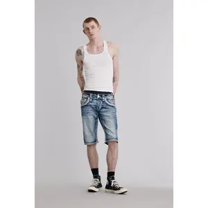 rr Men's Stretch Denim Jean Shorts - Embroidered Design, Leather Accent Details, Streetwear Style, Functional Pocket