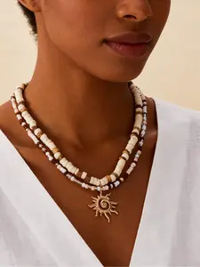 Coconut Shell Beaded Layered Necklace for Men & Women, Gold/Silver Sun Pendant, Boho Hip-Hop Style, Natural Shell & Seed Beads, Adjustable Clasp, Minimalist High-End Layering Jewelry