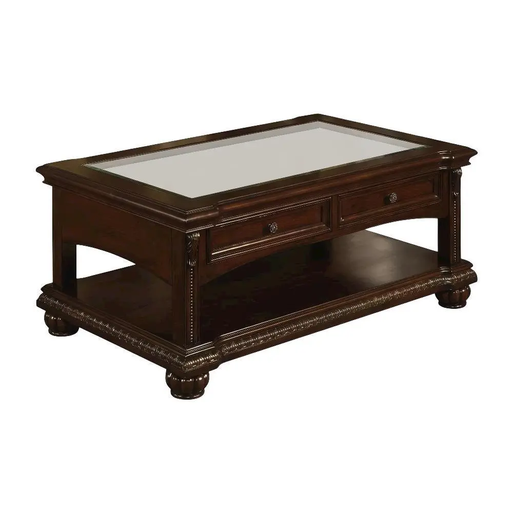 Cherry Finish Coffee Table with Glass Top and Wood Veneer Durable Design