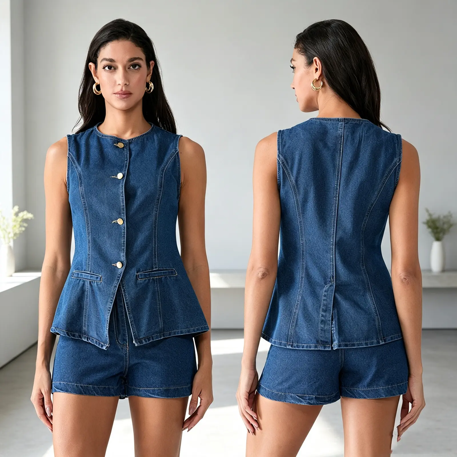 Women's Denim Long Vest Tops Button-up Back Slit Sleeveless Pocket Round Neck Waistcoat Casual Womenswear