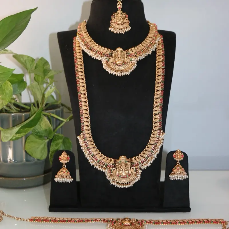 Traditional South Temple Elegant Matching Jewelry Set - Short & Long Necklaces, Earrings, Tikka, Waist Belt
