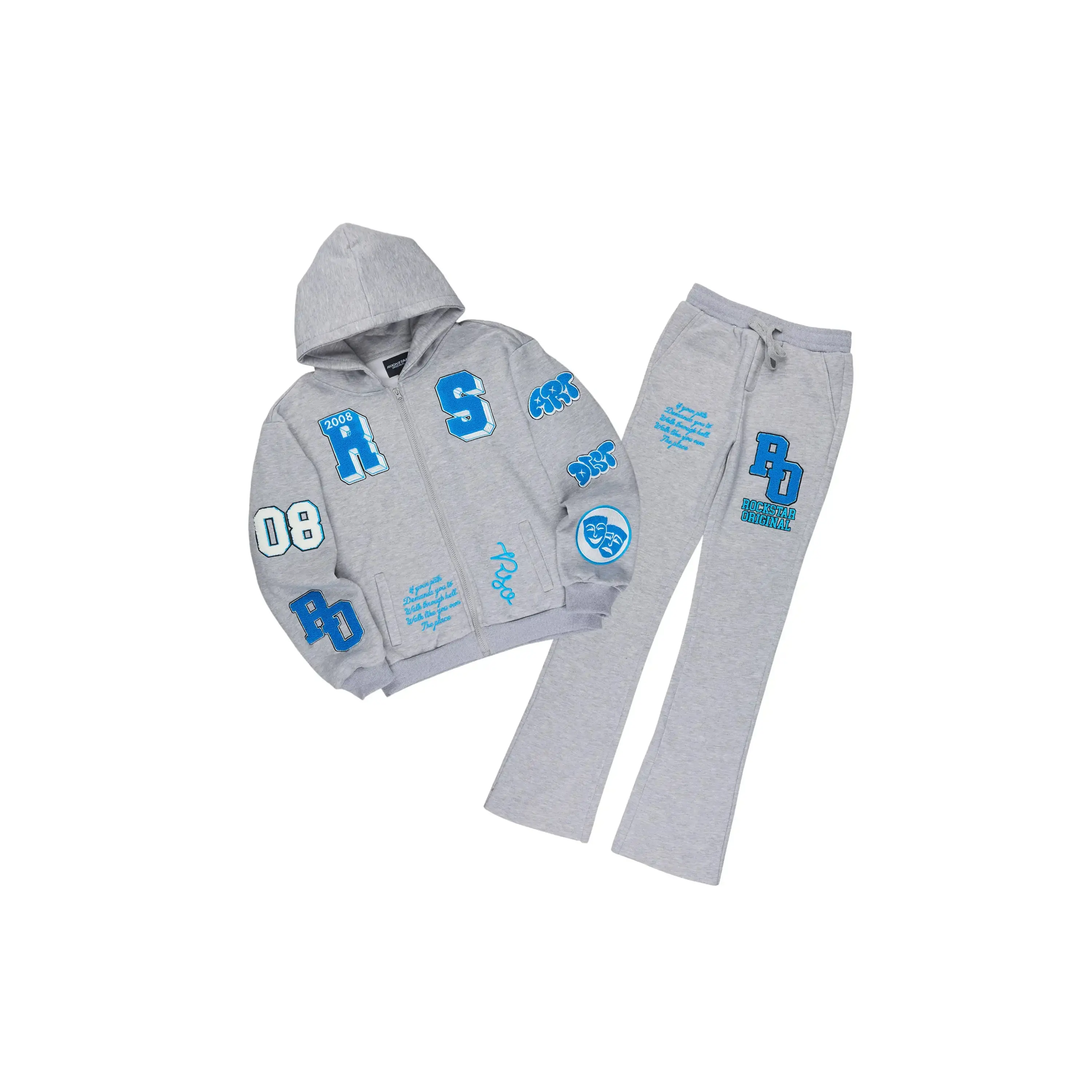Girls Leslee Heather Grey/Blue Hoodie/Stacked Flare Track Set