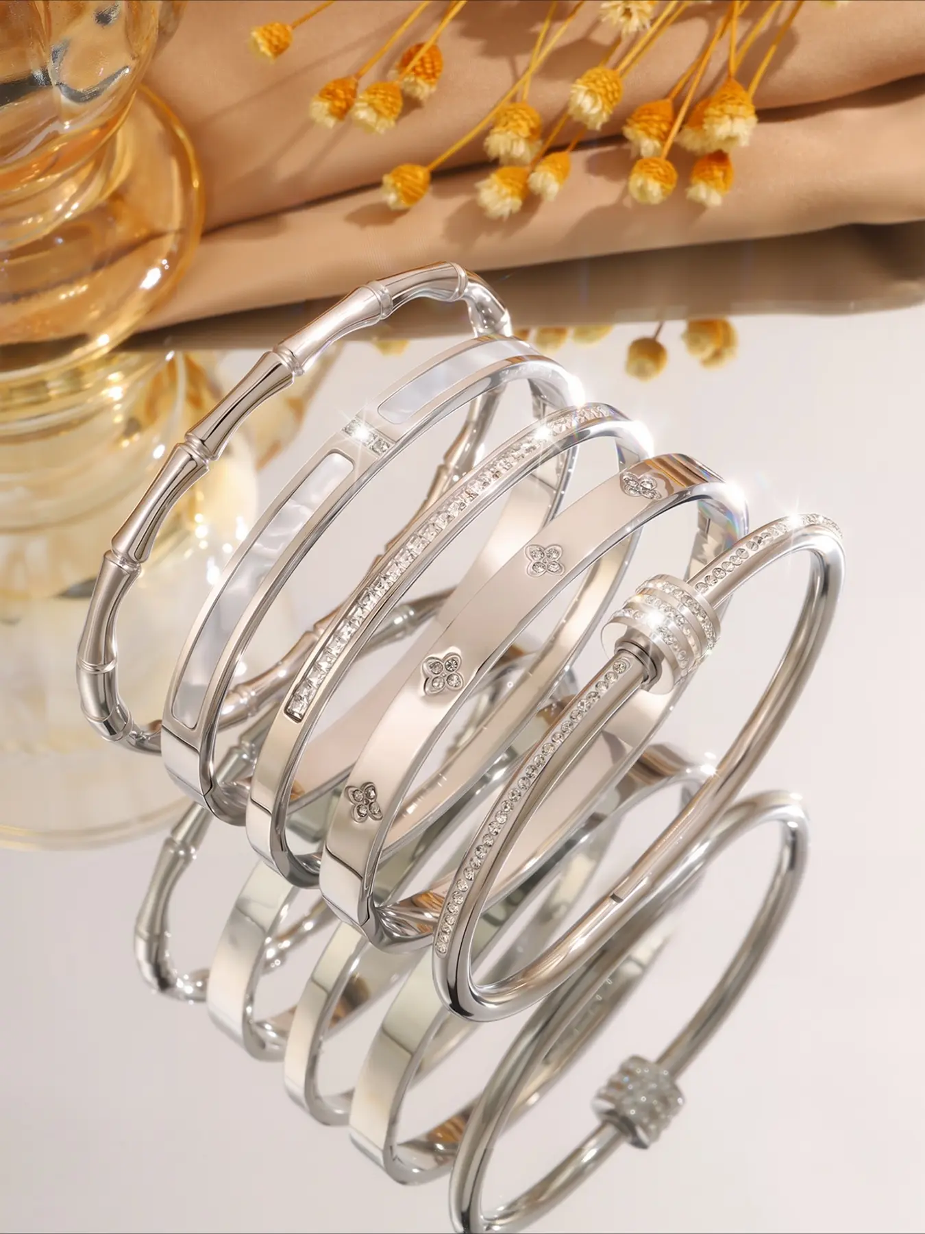 5pcs light luxury elegant stainless steel minimalist style bracelet set, suitable for daily commuting, is an excellent gift, Bangle Bracelet, Stackable Bracelet Set