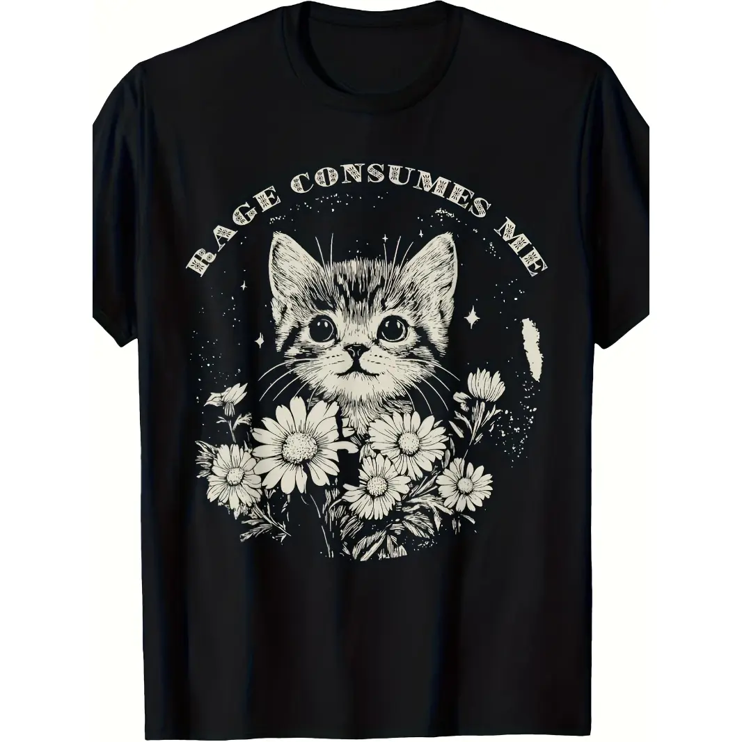 Womens Cotton Short Sleeve Graphic Tee Vintage Cat And Daisy Floral Print Crew Neck Casual Streetwear Top Cute Animal Aesthetic Outfit For Everyday Wear