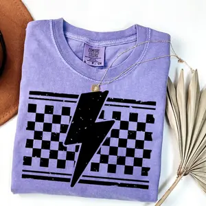 Comfort Colors Retro Lightning Bolt Shirt Grunge Checkerboard Graphic Tee Vintage Rock Aesthetic Lightning Strike Streetwear T-Shirt