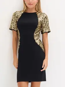 Women's Round Neck Sequin Patchwork Fashion Dress, Stylish Party Dress for Evening Outings, Elegant Attire for Women