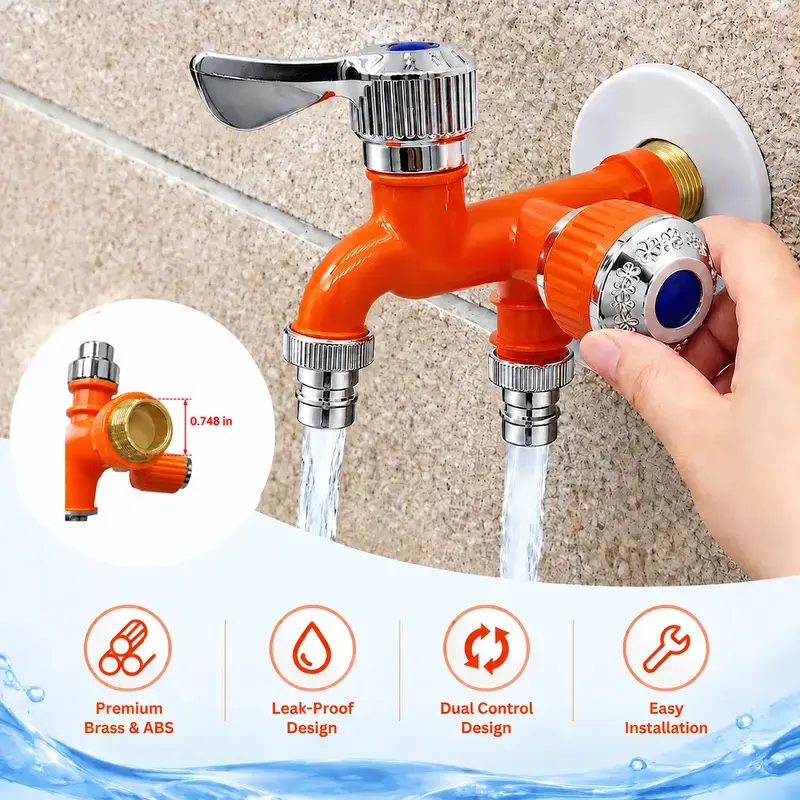 Two‑Way Dual Control Faucet, Dual Outlet Separate Switch Water Tap Leakproof Design, Multi‑Purpose Spigot, Quick Installation for Garden Hose, Home Bathroom Outdoor Water Supply