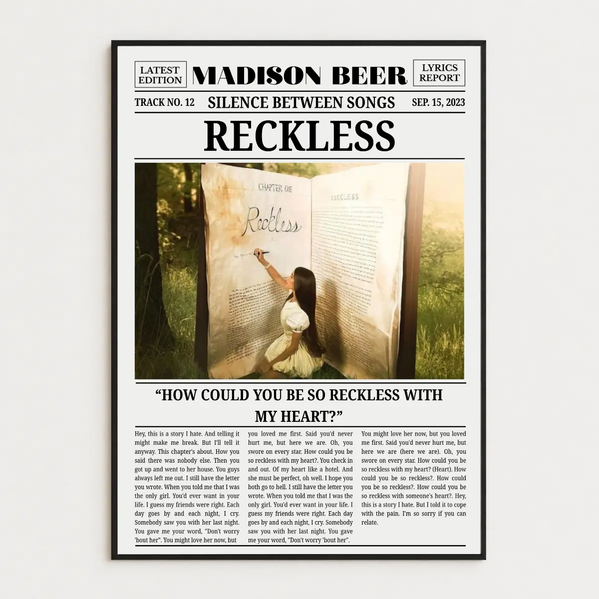 Retro Madison Beer Newspaper Print, Reckless Poster No Frame, Reckless Lyrics Print, Silence Between Songs, Black And White Wall Art