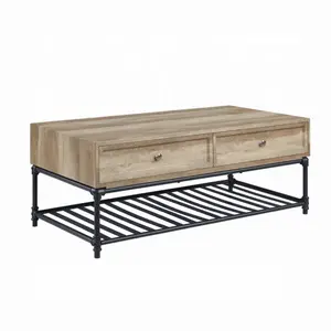 Brantley II Industrial Oak & Metal Coffee Table - 47"x24"x18" with 2 Drawers & Water-Pipe Style Base - Durable Composite Wood Veneer Top - Modern Industrial Design