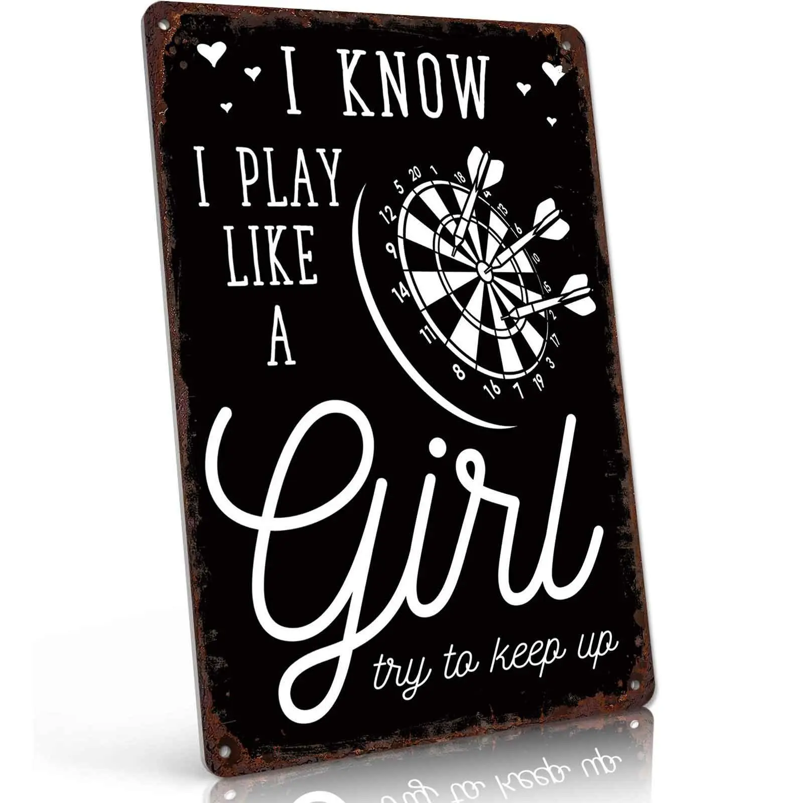 Darts Themed Metal Tin Sign 8x12 Inch Vintage I Know I Play Like A Girl Retro Wall Decor for Game Room Bar Garage Man Cave Funny Wall Art Gift for Darts Lovers