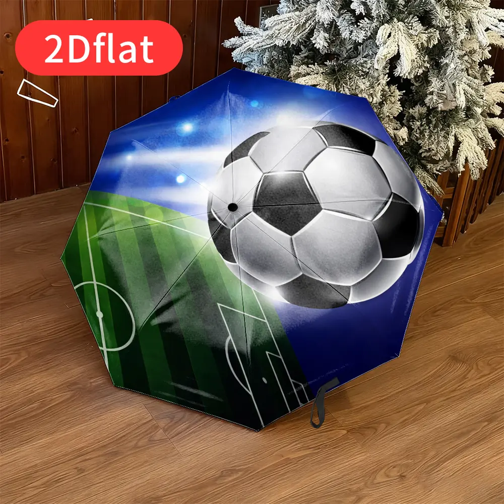 A football-themed folding umbrella featuring a dynamic black-and-white soccer design that captures the essence of the pitch. Lightweight and portable, it boasts a durable canopy made of sturdy plastic and metal, making