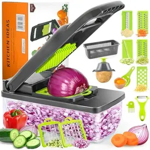 Vegetable Chopper Cutter Slicer, 3-in-1 Multifunctional Veggie Chopper with 8 Blades, Mandoline Slice for Salad, Onion, Garlic, Food Chopper with Container, Essential Kitchen Tool - Grey Green