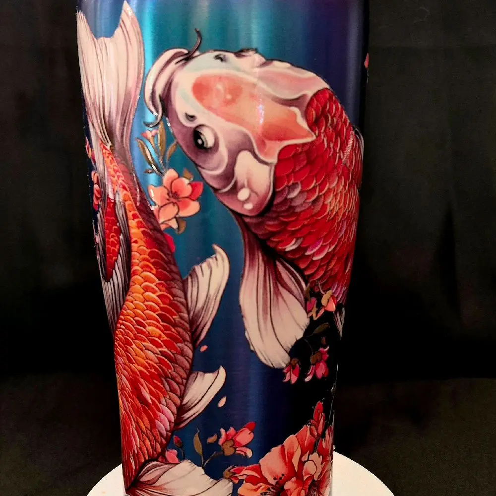 Hydraflow 20oz iridescent tumbler, Koi Fish Design with Floral Accents uvdtf  Drinkware Reusable