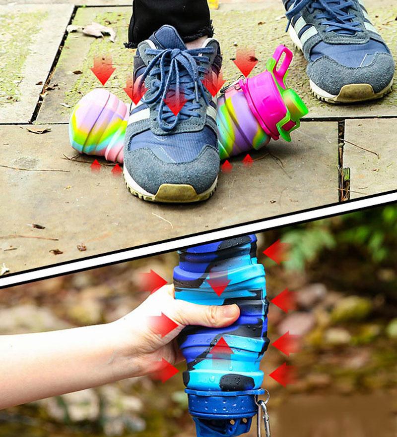 Outdoor Sports Silicone Foldable Water Bottle for Camouflage Creative Travel Reusable Leakproof Water Bottle with Carabiner
