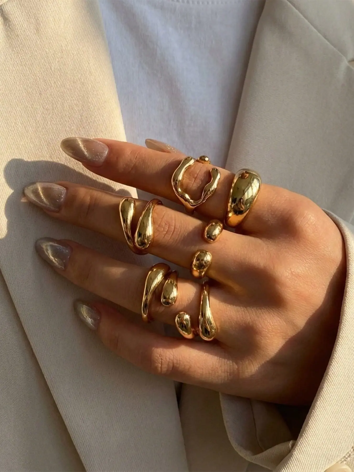 6-Piece Modern Artistic Luxury Metal Ring Set, Minimalist Liquid Irregular Design, Trendy Style Jewelry Collection, Stackable Asymmetrical Rings