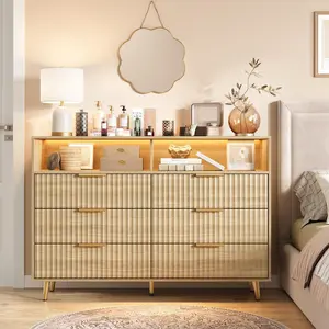 Modern 6-Drawer Dresser 53.9" – Wood Storage Cabinet with Curved Fluted Design, LED Lights, Charging Station, and Gold Handles