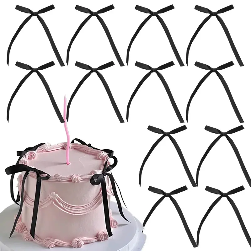 20-Pack Black Ribbon Bow Cake Toppers, Coquette Theme Party Bows for Birthday, Baby Shower Celebrations (20 Pieces Incl.)