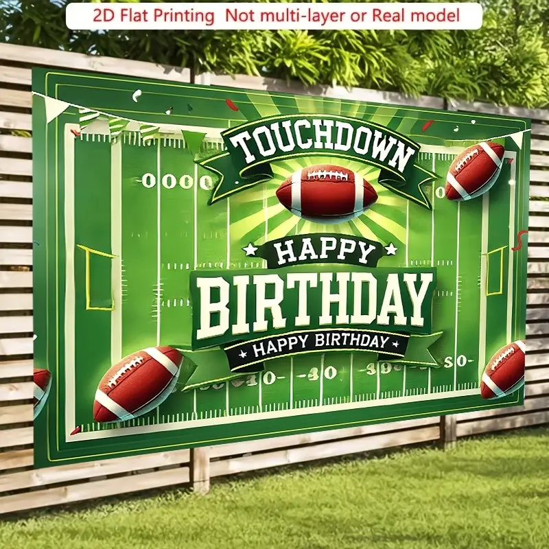 2D Polyester Party Banner Background, Football Theme Birthday Backdrop, Touchdown Happy Birthday Sign & Colorful Balloons, Boy's Sports Party Decor