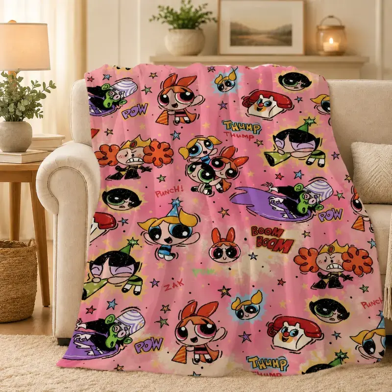 Cartoon Powerpuff Girls Traditional Polyester Flat Weave Premium Plush Flannel Blanket, Ultra Soft Warm Throw for Adults, Ideal for Sofa Bed Use, Perfect Gift for Kids, Suitable for Air Conditioning Dorms Back to School