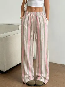 Women's Pink Green Striped Linen Lightweight Wide Leg Pants, High Waist Adjustable Drawstring Palazzo Trousers, Summer Casual Loose Flowy Pants for Vacation, Daily Wear Womenswear #springsaledeals2026 #summeroutfits #tiktokshopmademebuyit #womenfashion