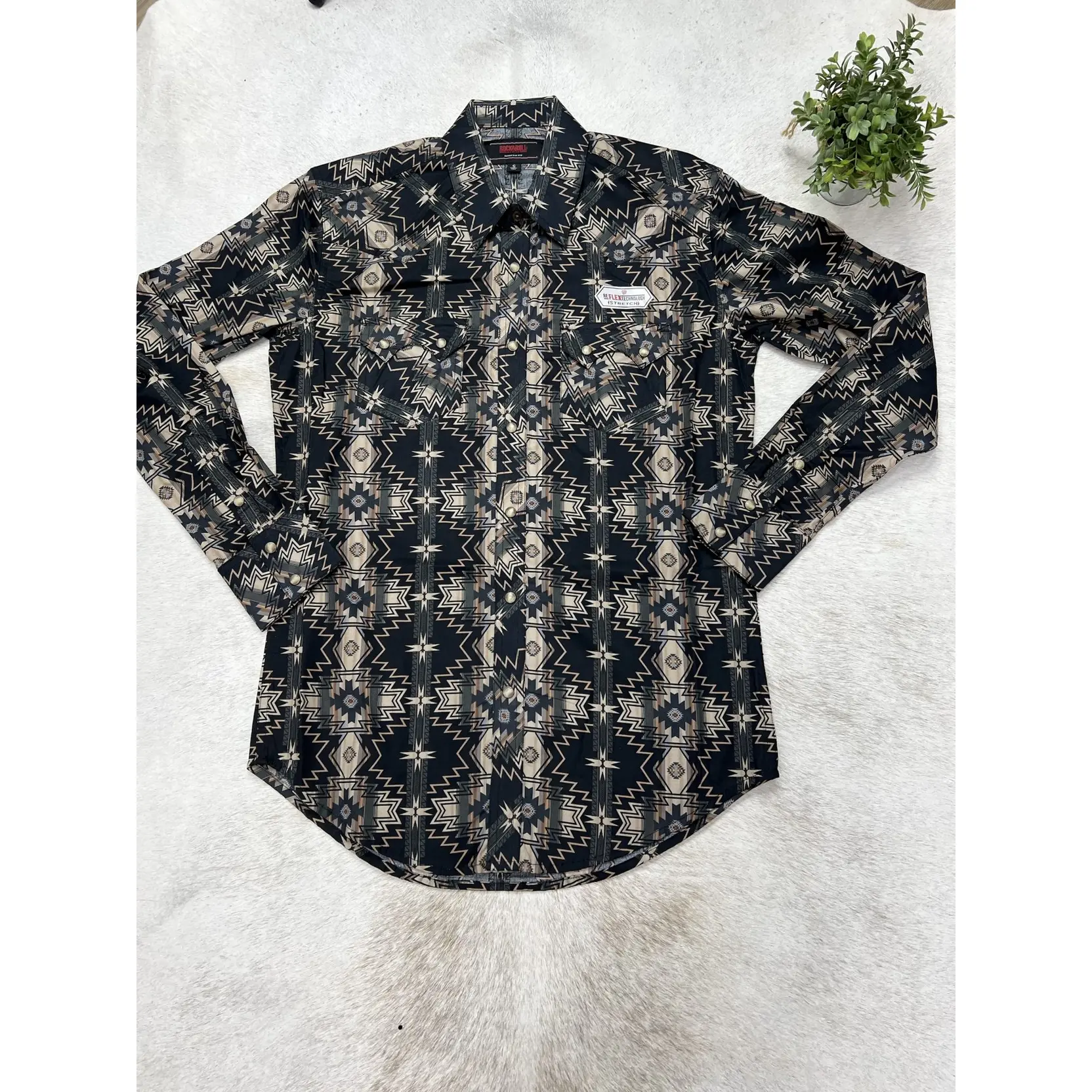 Men's Rock and roll B28 RR Aztec Printed Long Sleeve Snap Black
